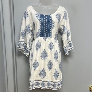 Entro Blue & White Embroidered Boho Dress – Size L